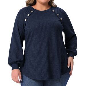 Plus Size Casual Long Sleeve Crew Neck Ribbed Knit Pullover Blouse Dark Blue